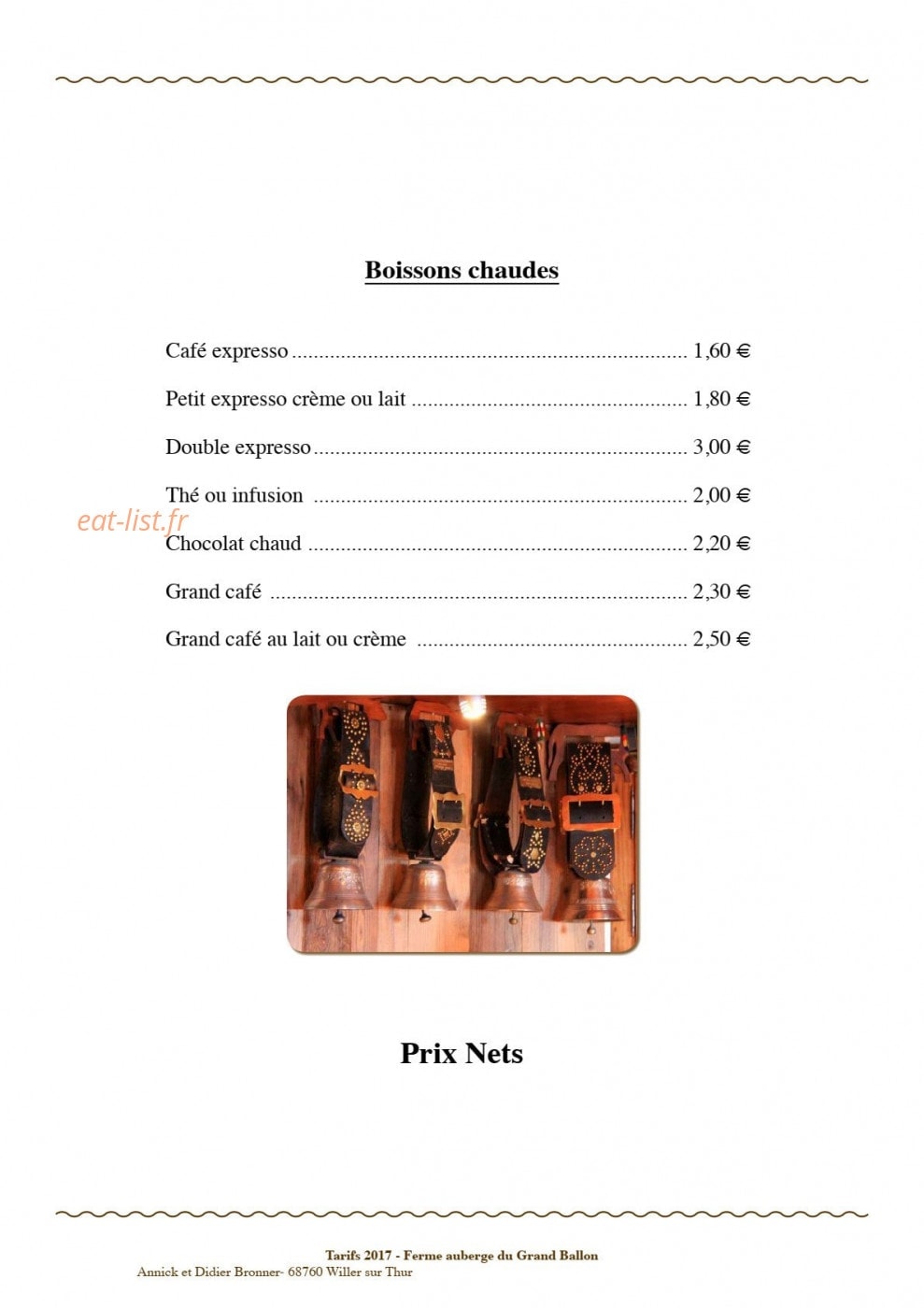 Carte et menu de Ferme auberge du Grand Ballon à Willer sur Thur — Les boissons chaudes