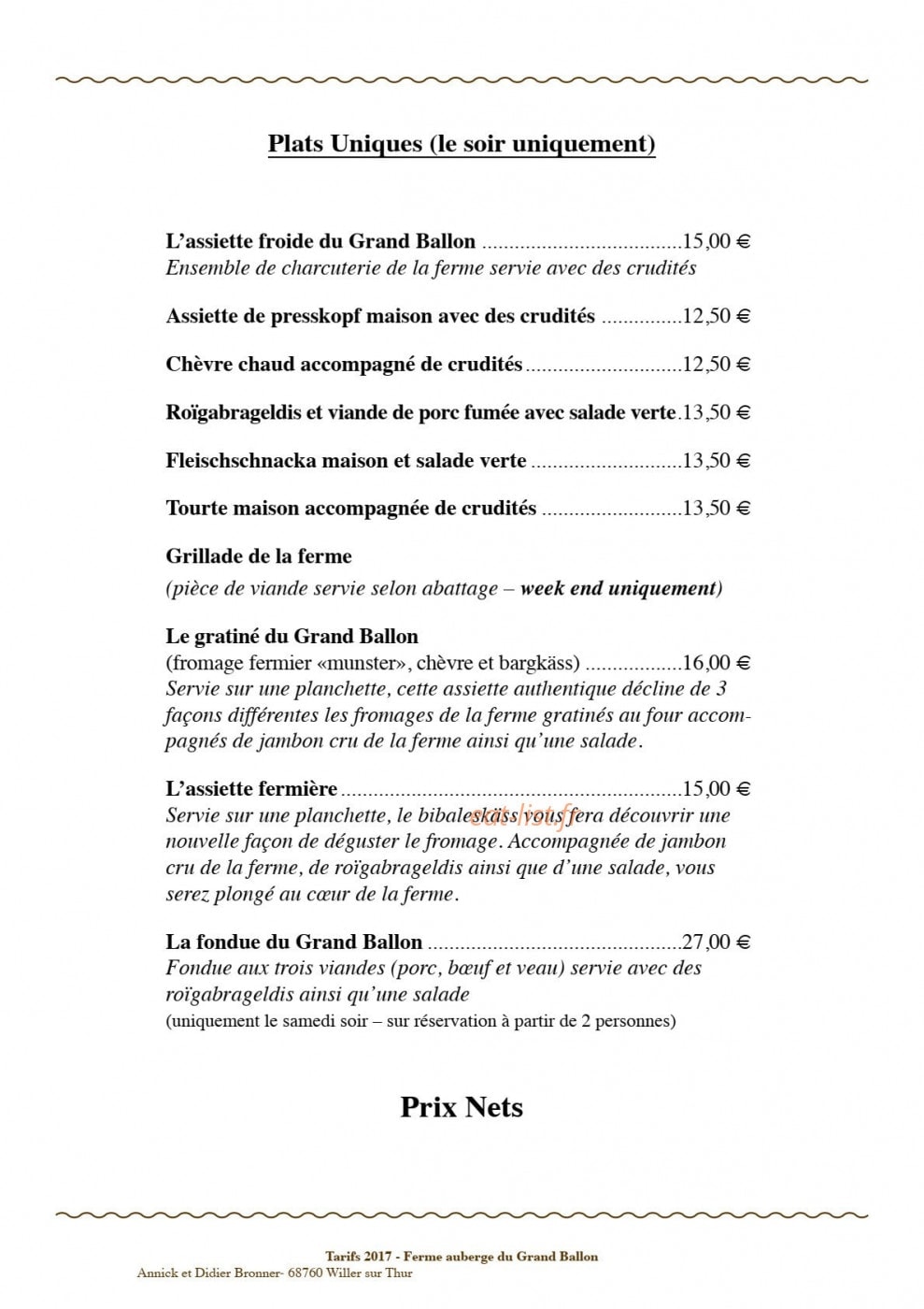 Carte et menu de Ferme auberge du Grand Ballon à Willer sur Thur — Les plats uniques du soir