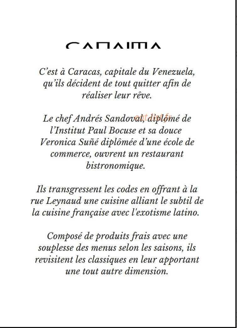 Canaima Restaurant — carte page 1