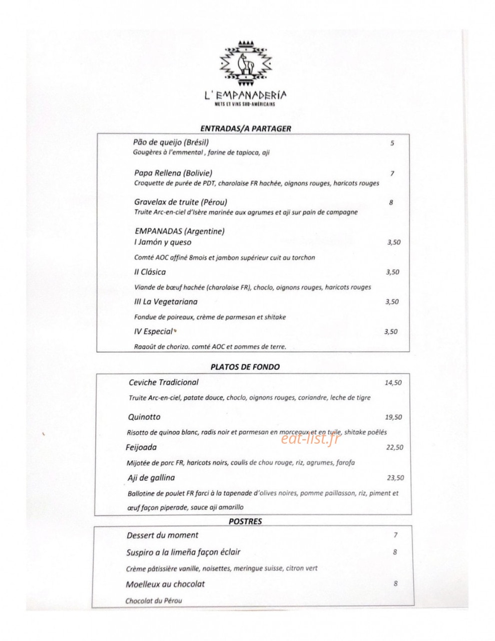La Empanaderia — carte page 1
