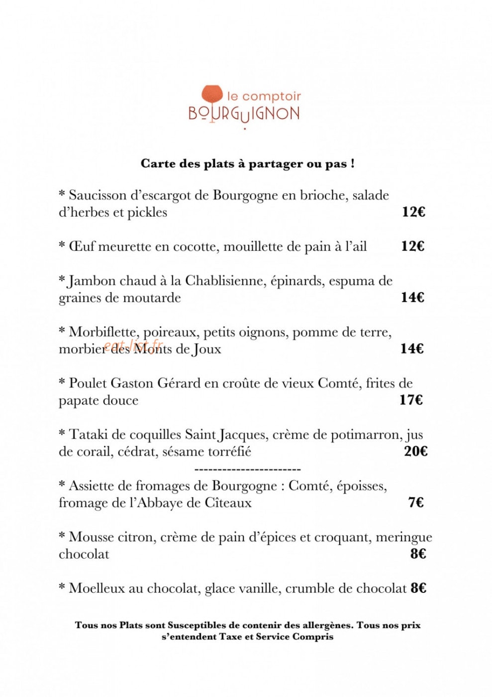Le Comptoir Bourguignon — carte page 1
