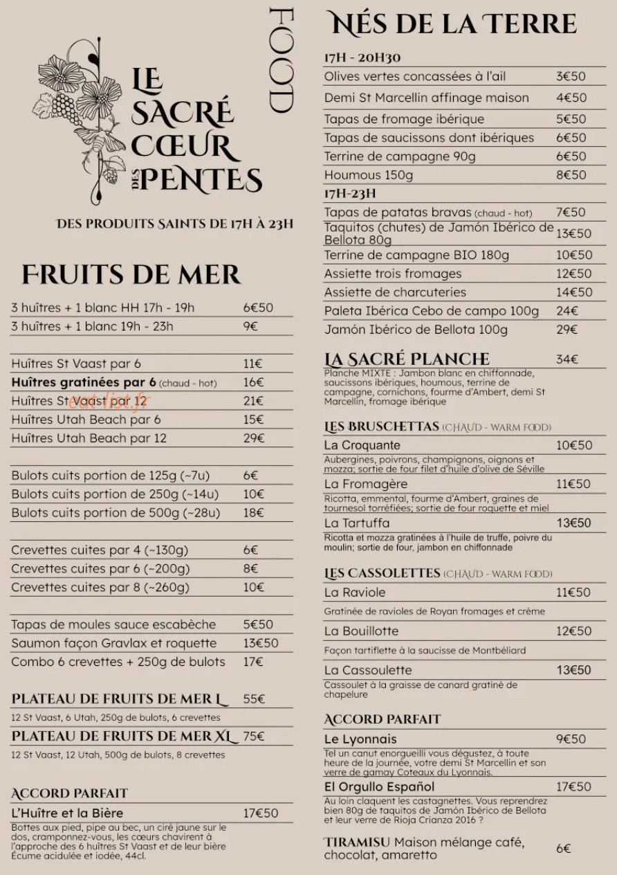 Carte et menu de Le Sacré Cœur des Pentes à Lyon 1 — Les fruits de mer et nés de la terre