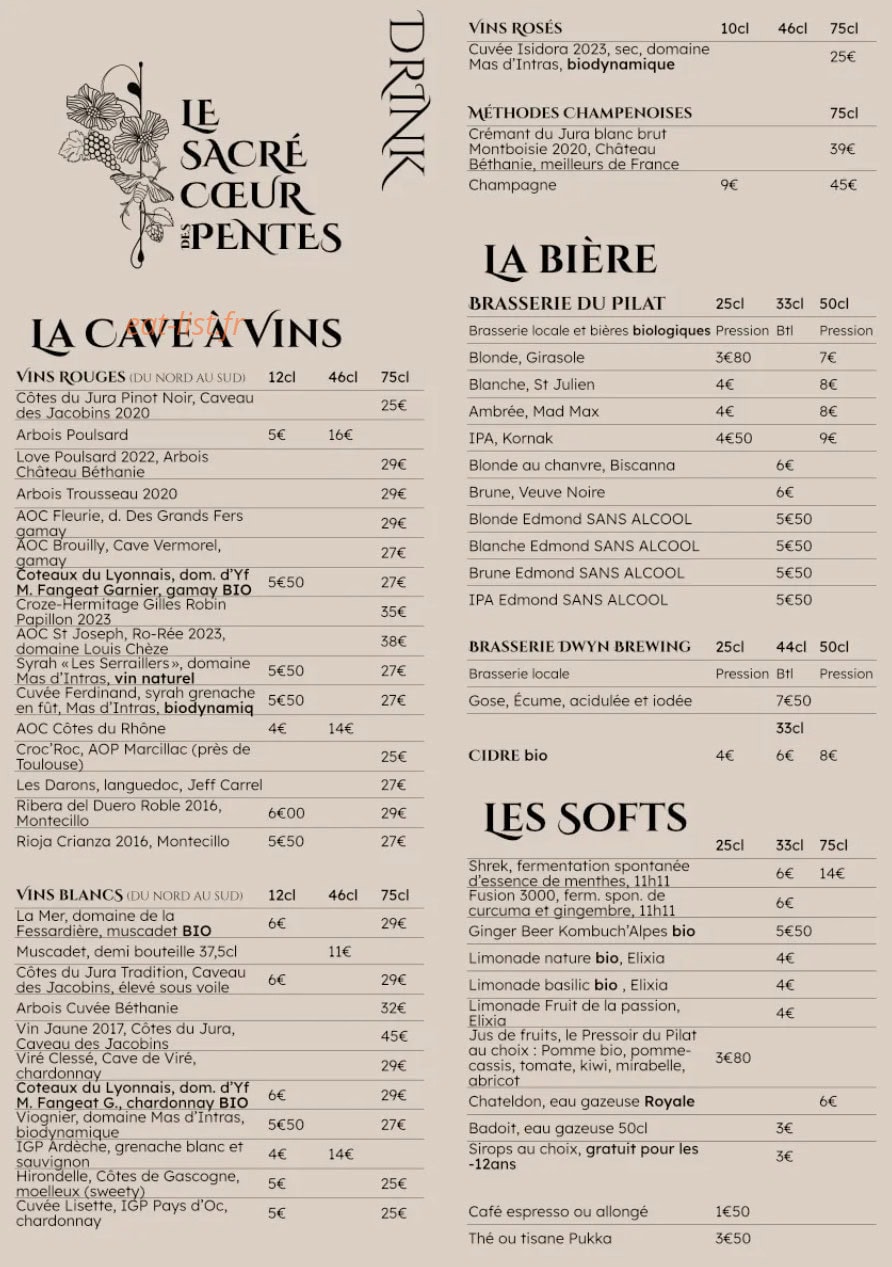 Carte et menu de Le Sacré Cœur des Pentes à Lyon 1 — Les bières, cave à vins et softs