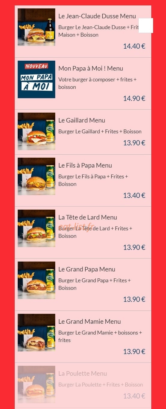 Les Burgers de Papa — carte page 1