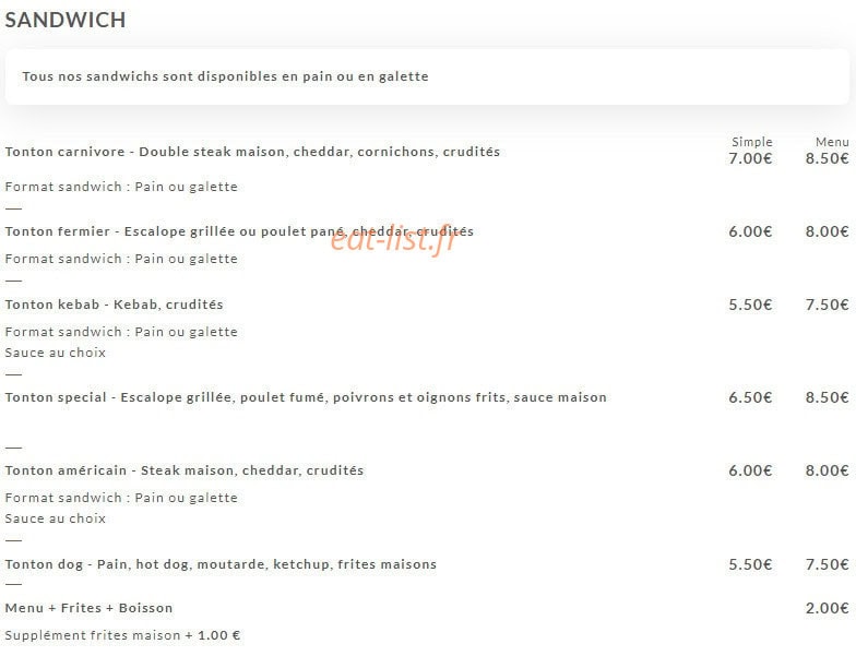Ô tontons burger — carte page 1