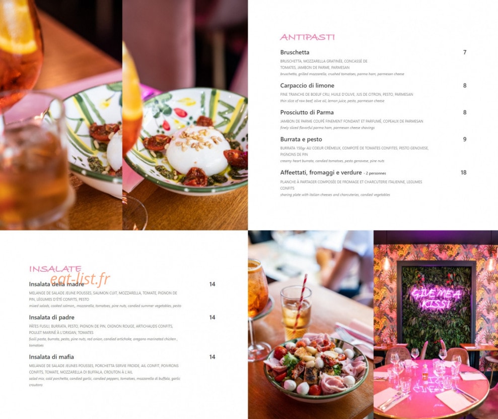 Bisous Trattoria — carte page 1