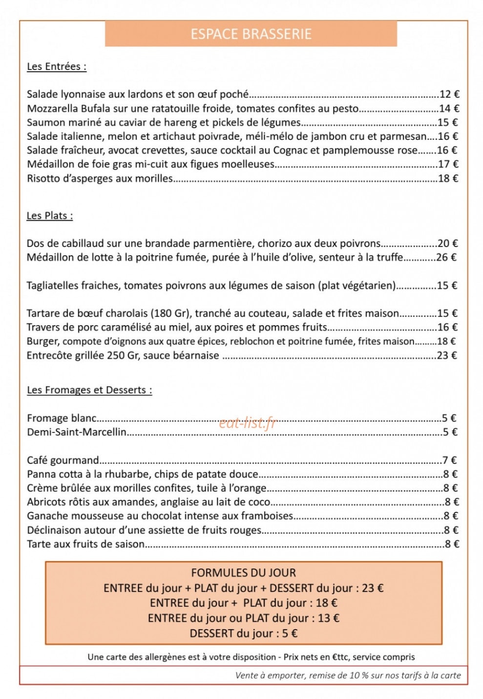 Espace Brasserie — carte page 1