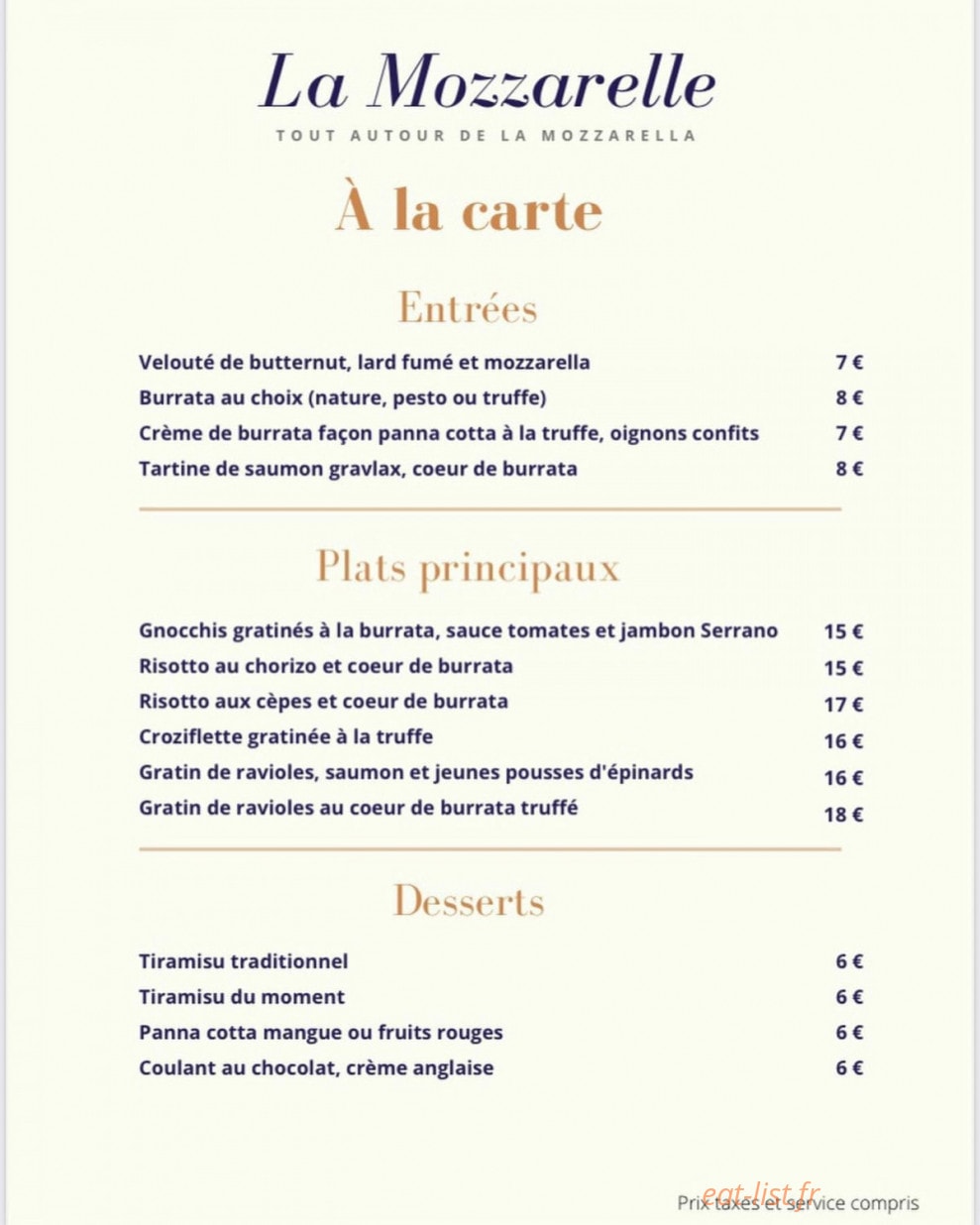 La Mozzarelle — carte page 1