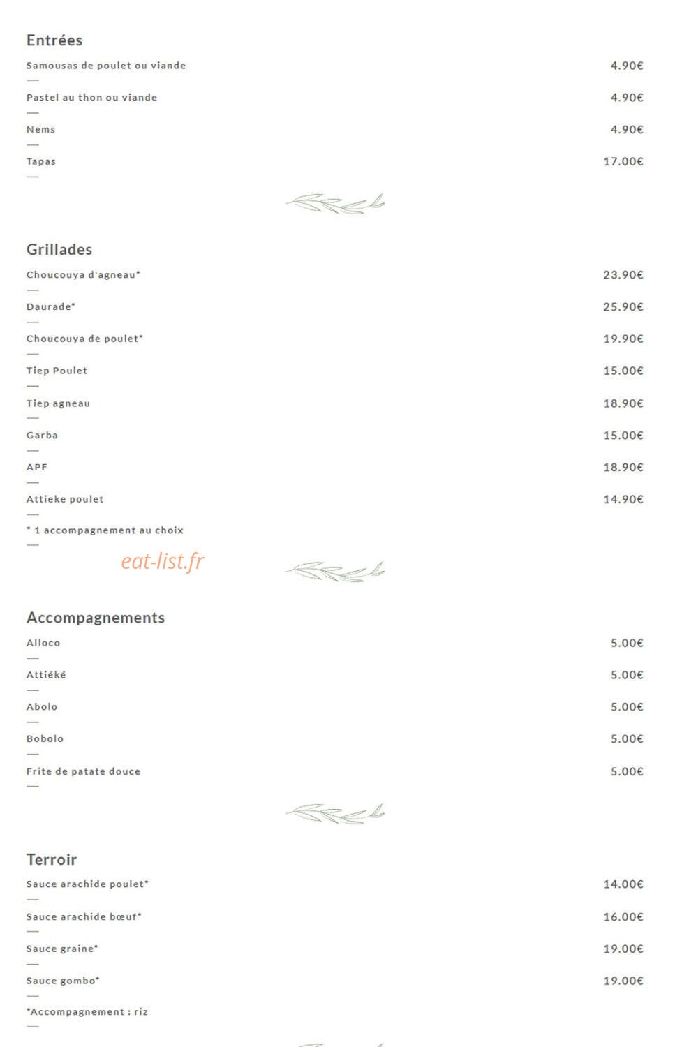 La Palmeraie des Saveurs — carte page 1