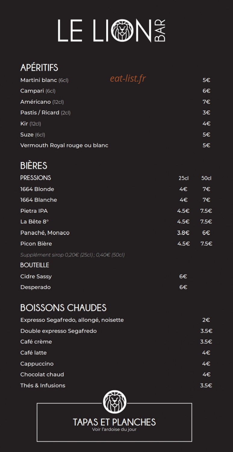 Le Lion Bar — carte page 1