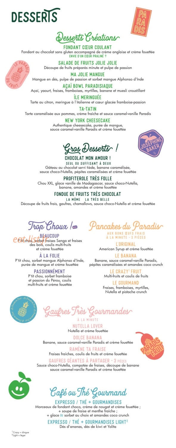 Carte et menu de Le paradis du fruit à Lyon 2 — Desserts