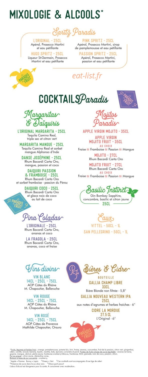 Carte et menu de Le paradis du fruit à Lyon 2 — Mixologies et alcools