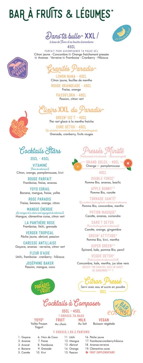 Carte et menu de Le paradis du fruit à Lyon 2 — Cocktails