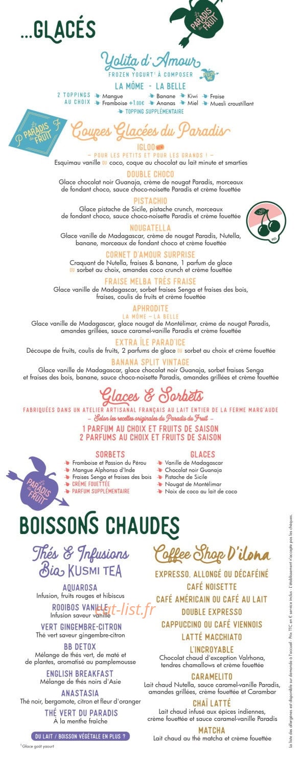 Carte et menu de Le paradis du fruit à Lyon 2 — Coupes glacées, boissons chaudes