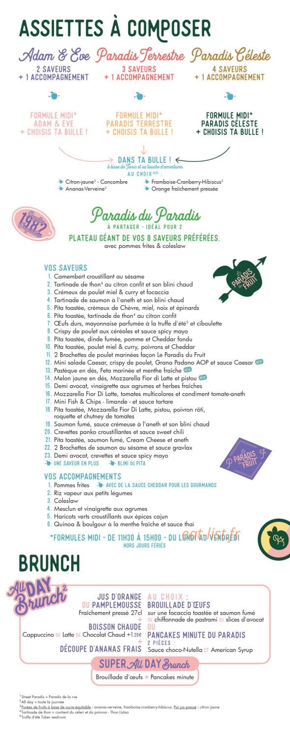 Carte et menu de Le paradis du fruit à Lyon 2 — Assiettes a composé, brunch