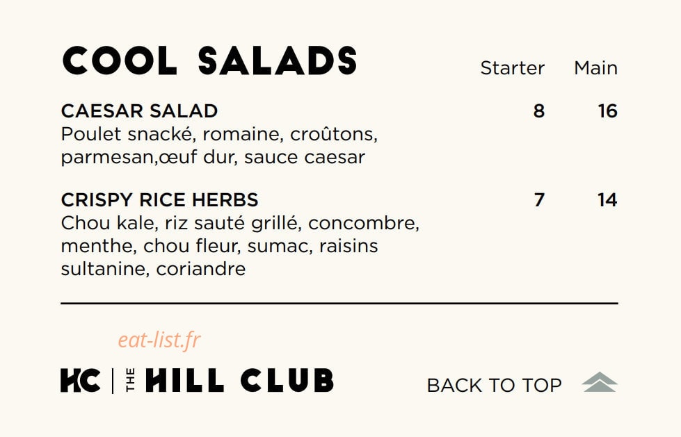 The Hill Club — carte page 13