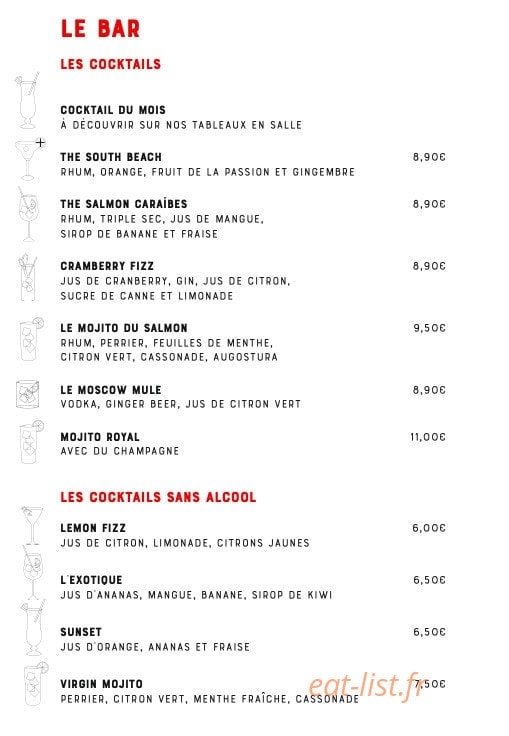 Carte et menu de The Salmon Shop à Lyon 2 — Les cocktails