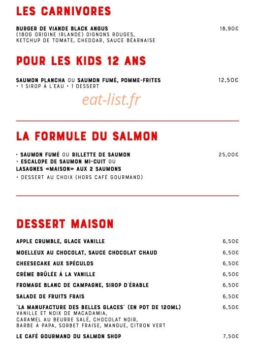 Carte et menu de The Salmon Shop à Lyon 2 — Menu enfant, formule et desserts