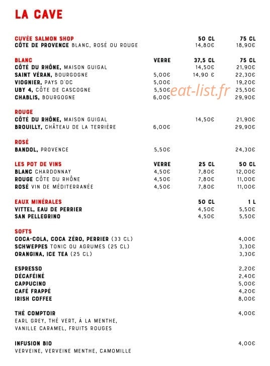 Carte et menu de The Salmon Shop à Lyon 2 — Les vins