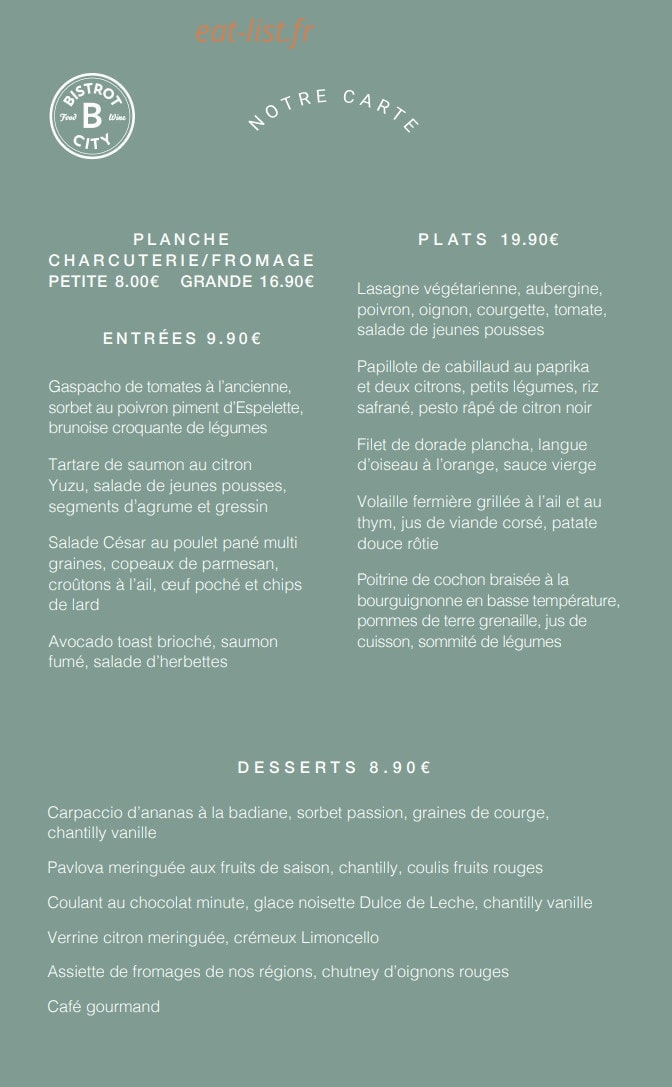 Bistrot City — carte page 2
