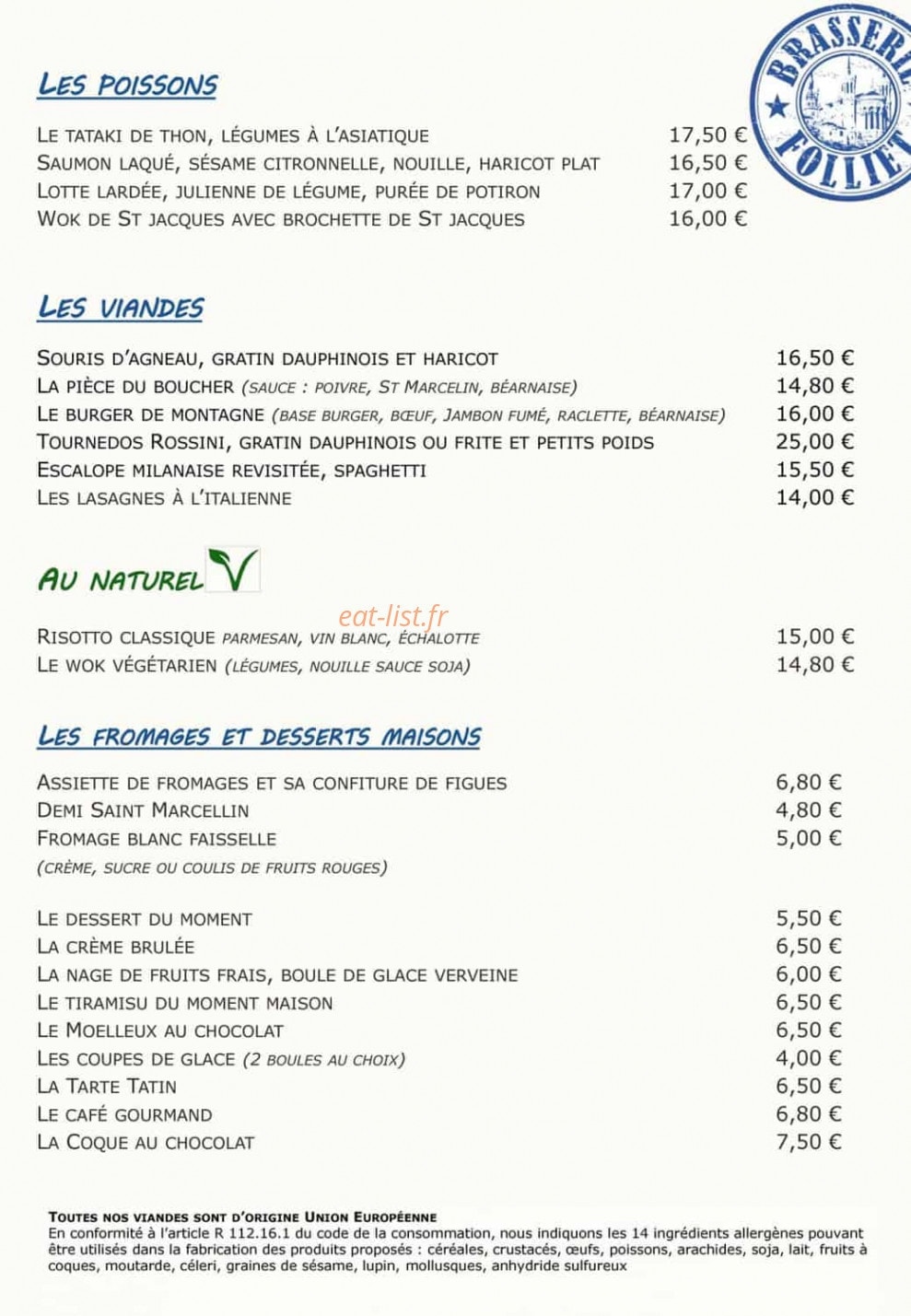 Brasserie Folliet — carte page 2