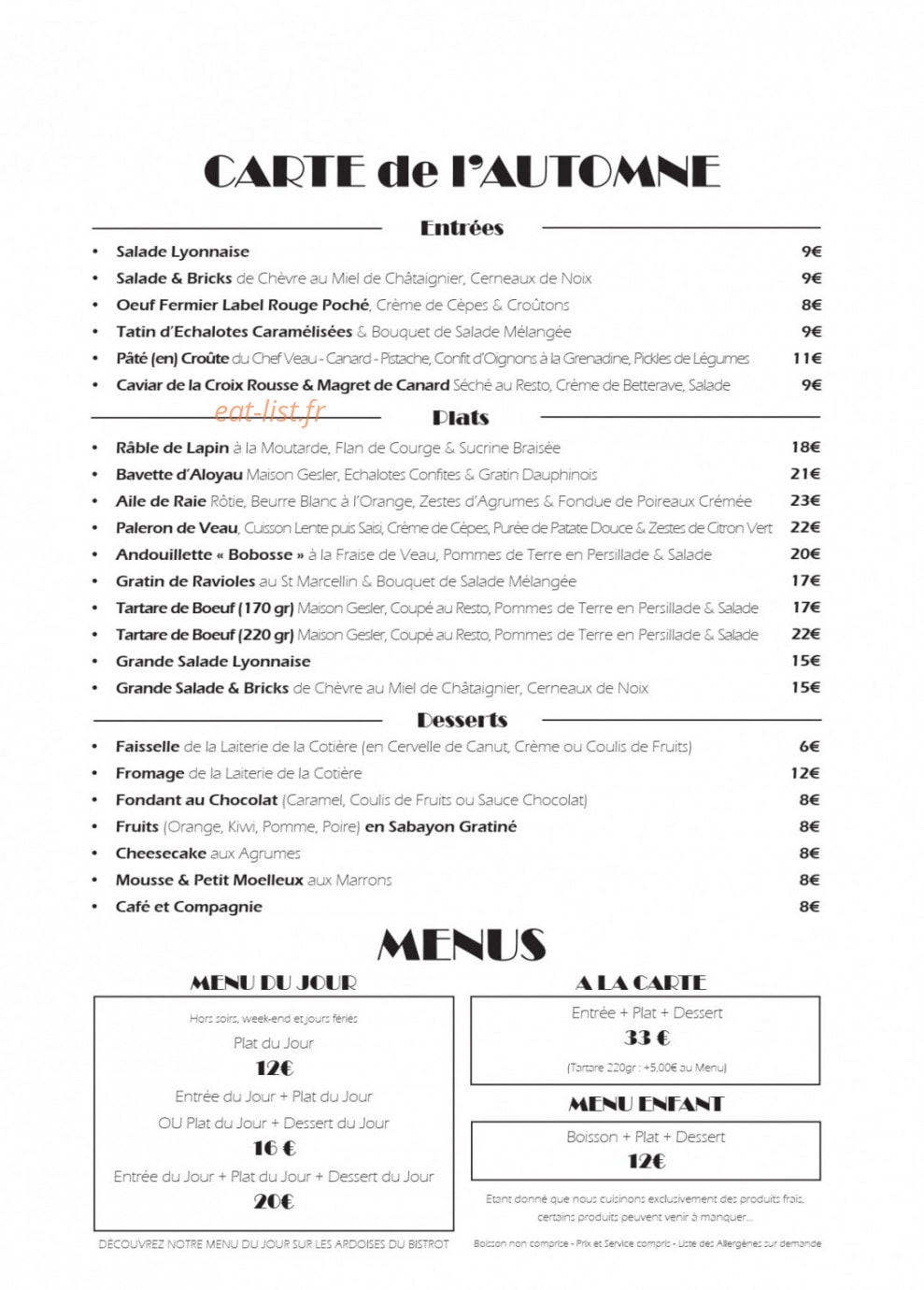 L'Esprit Bistrot — carte page 1