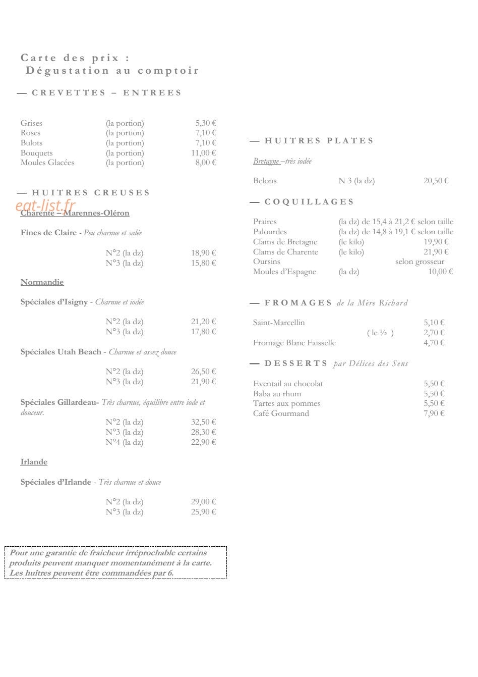 Carte et menu de Merle Huîtres et Coquillages à Lyon 3 — Huitres et coqtuillages
