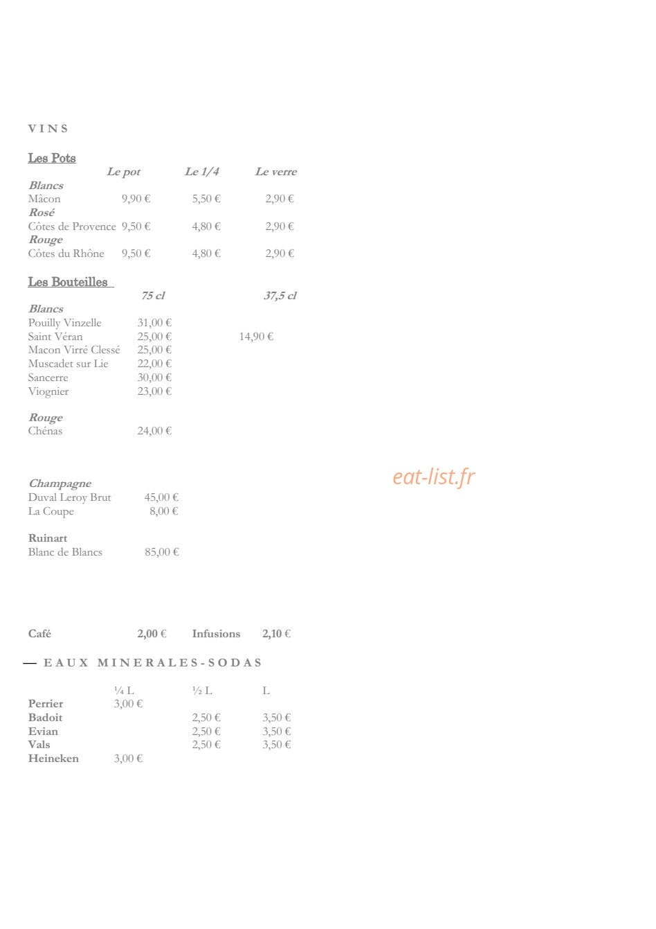 Carte et menu de Merle Huîtres et Coquillages à Lyon 3 — Les vins, eaux minérales et sodas