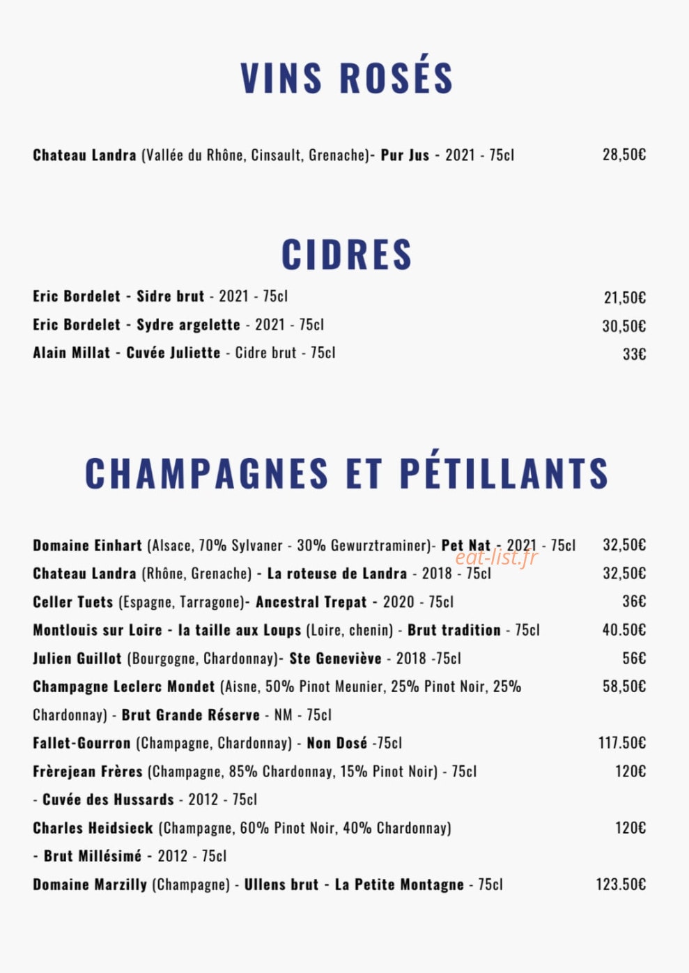 Carte et menu de Noé Atelier de la Mer à Lyon 3 — Les vins rosés, cidres et champagnes, ...
