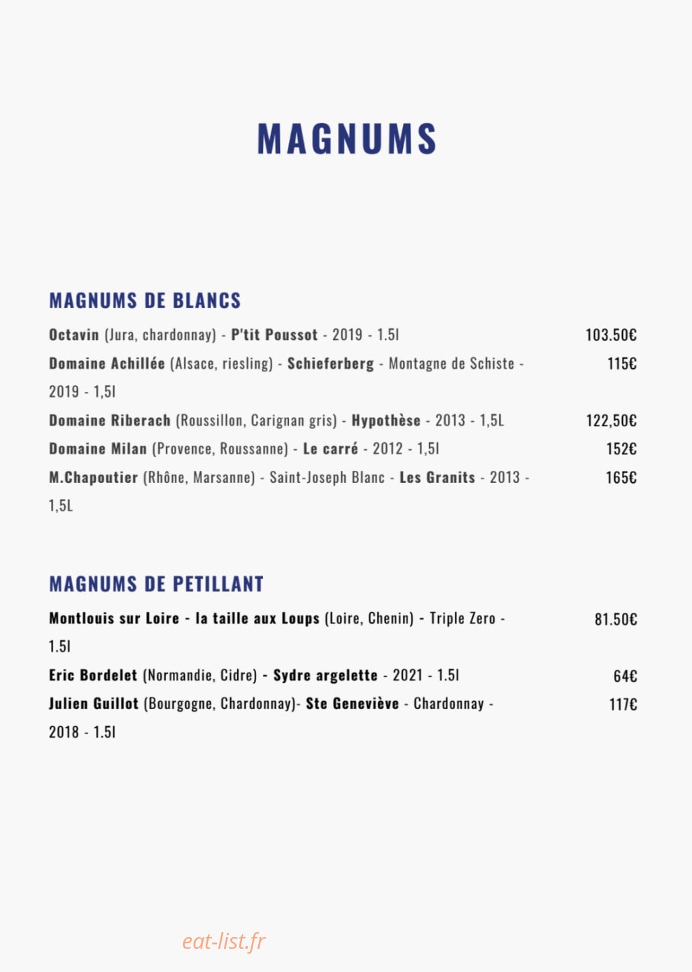 Carte et menu de Noé Atelier de la Mer à Lyon 3 — Magnums