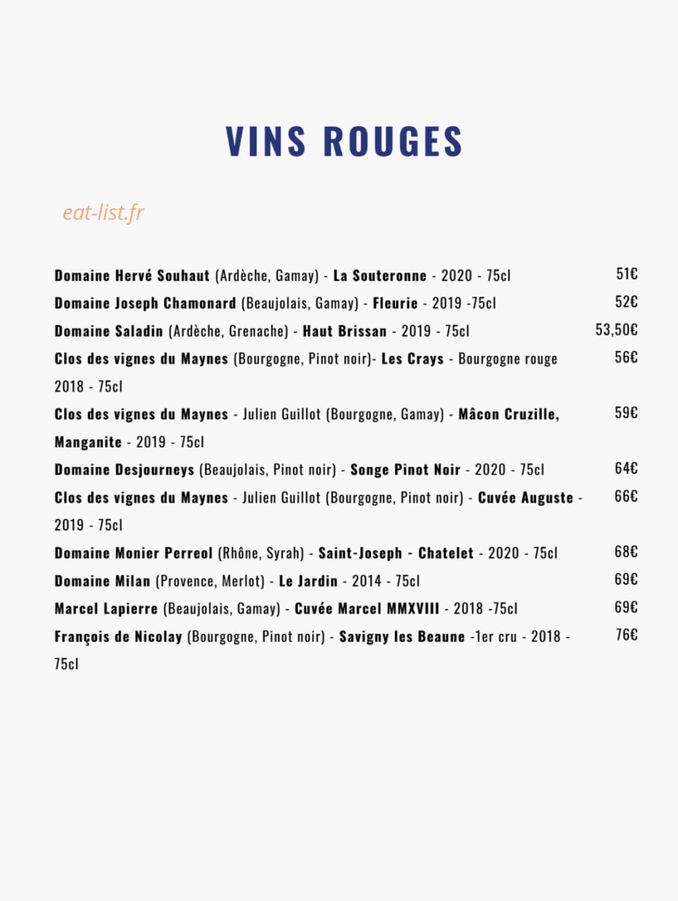 Carte et menu de Noé Atelier de la Mer à Lyon 3 — Les vins rouges page 3