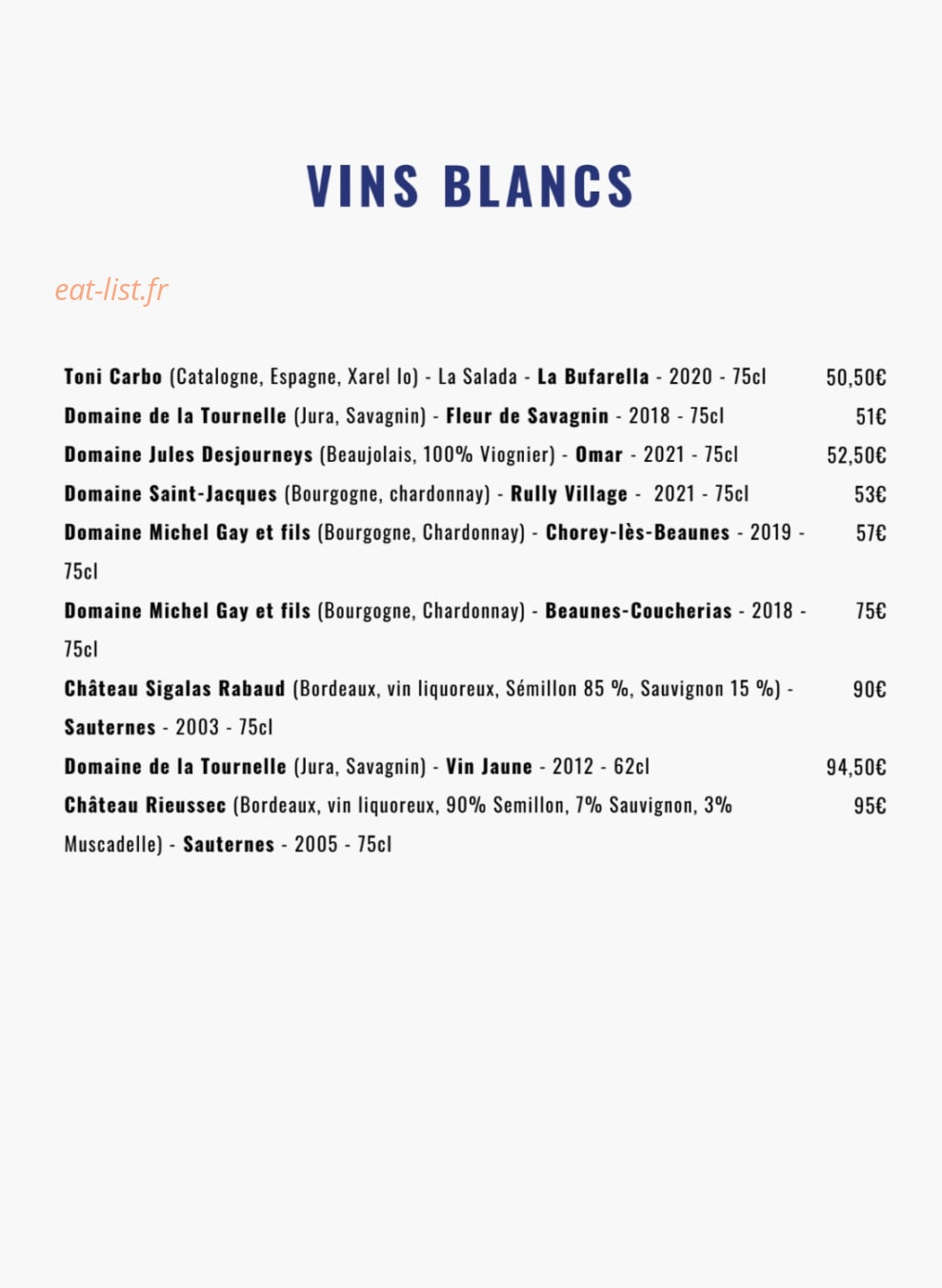 Carte et menu de Noé Atelier de la Mer à Lyon 3 — Les vins blancs suite
