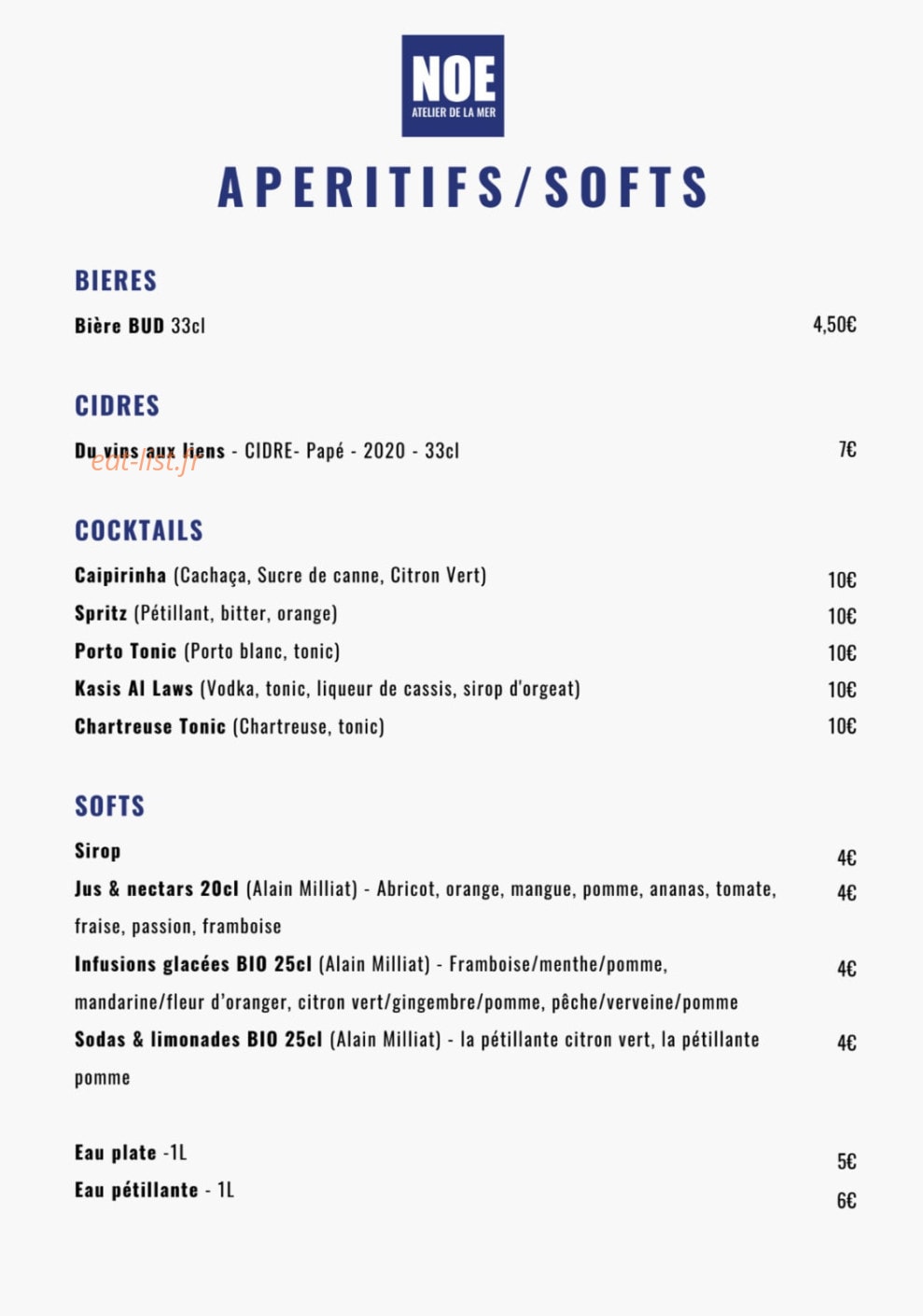 Carte et menu de Noé Atelier de la Mer à Lyon 3 — Les apéritifs et softs