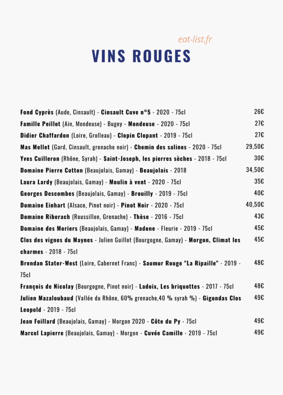 Carte et menu de Noé Atelier de la Mer à Lyon 3 — Les vins rouges