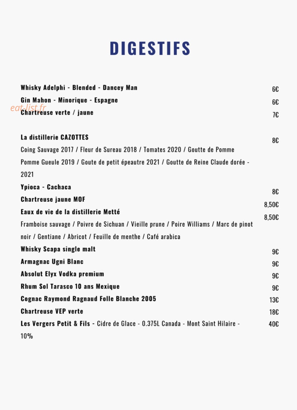 Carte et menu de Noé Atelier de la Mer à Lyon 3 — Les digestifs