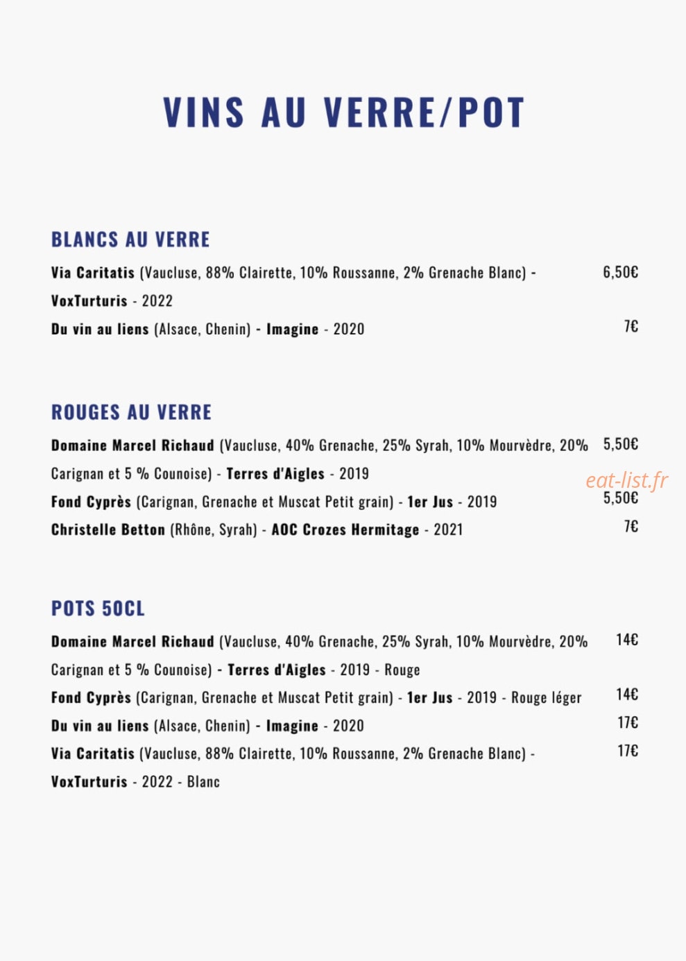 Carte et menu de Noé Atelier de la Mer à Lyon 3 — Les vins au verre et pot