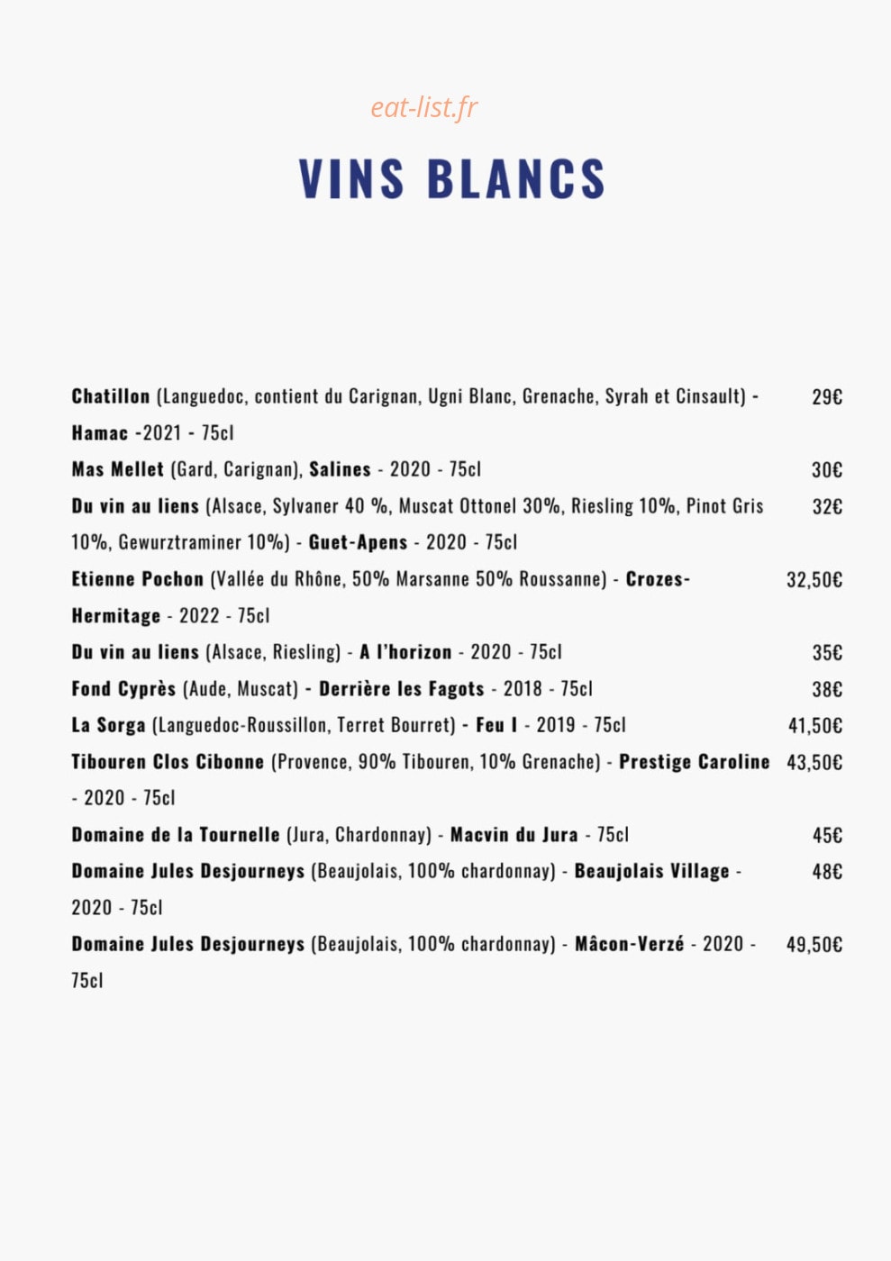 Carte et menu de Noé Atelier de la Mer à Lyon 3 — Les vins blancs