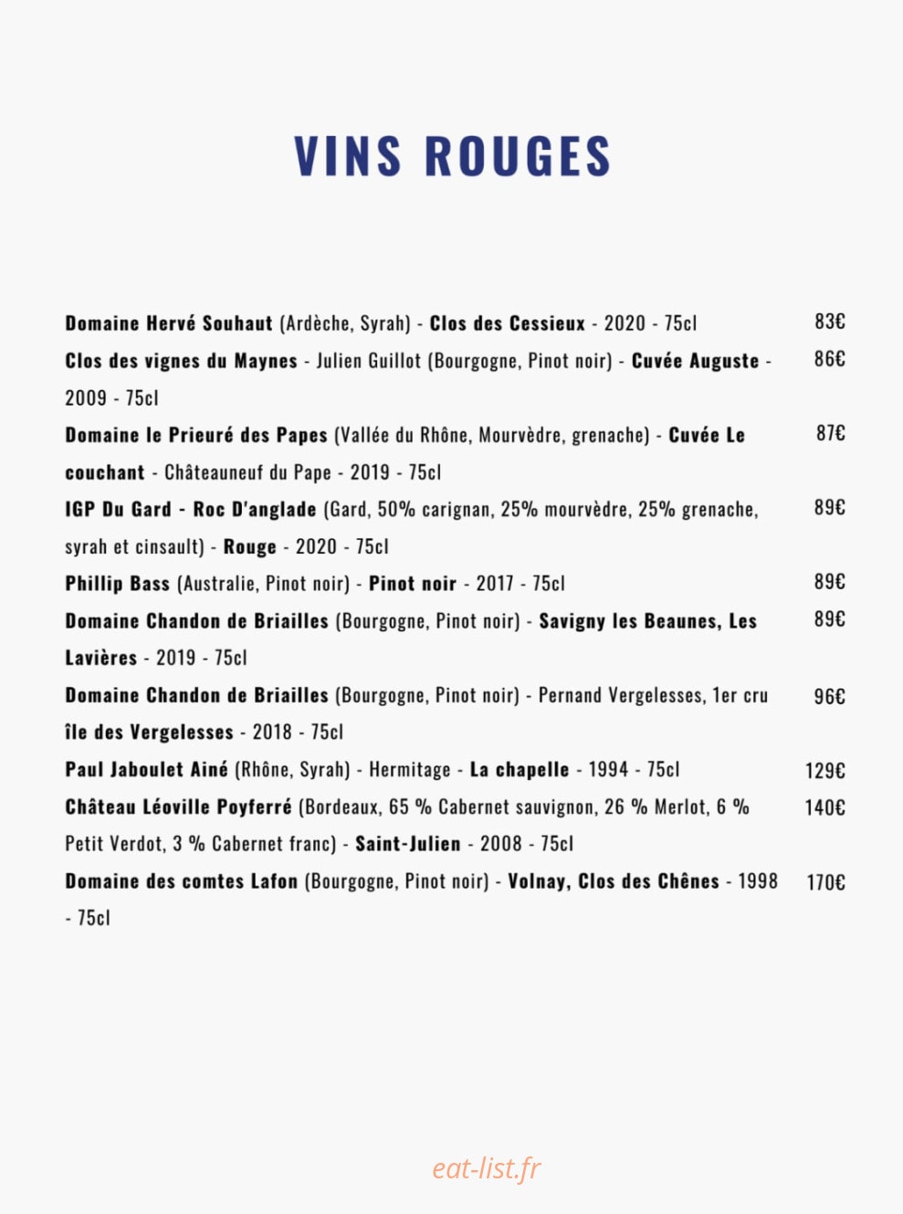 Carte et menu de Noé Atelier de la Mer à Lyon 3 — Les vins rouges page 2