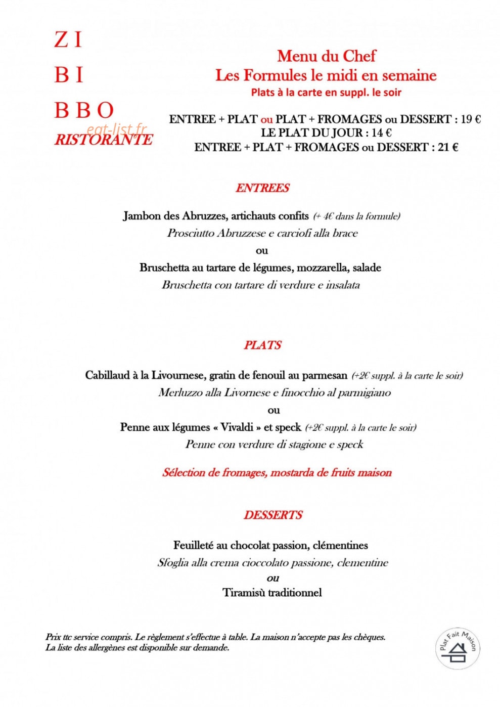 Zibibbo Ristorante — carte page 1