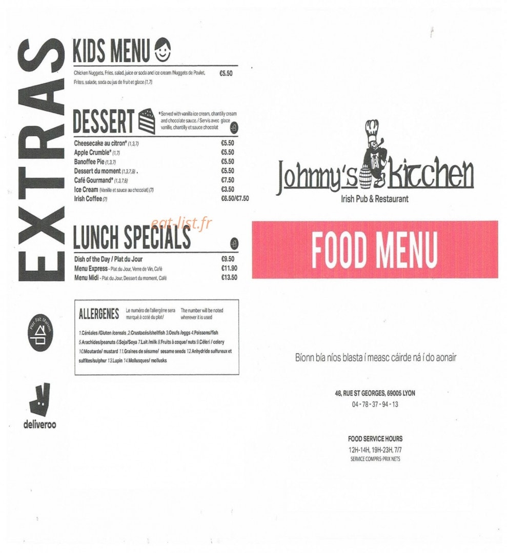 Johnny's Kitchen — carte page 1