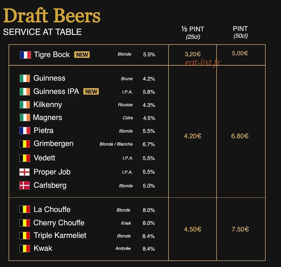 Kelly's Pub — carte page 1