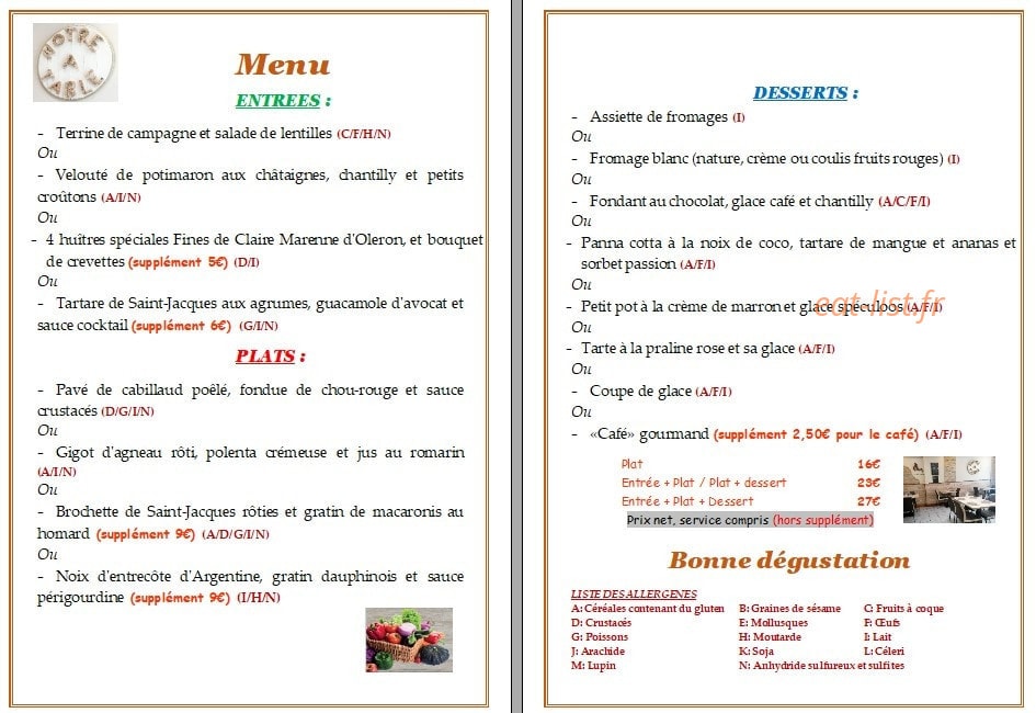 A Notre Table — carte page 1