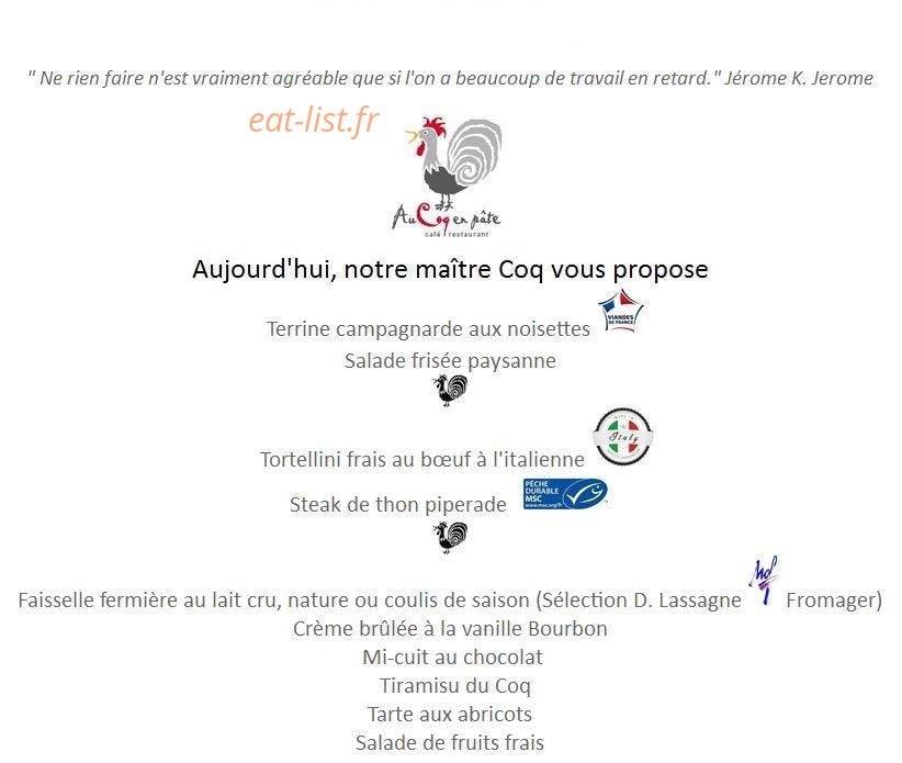 Au Coq en Pâte — carte page 1