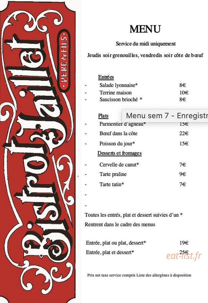 Bistrot Jaillet — carte page 1
