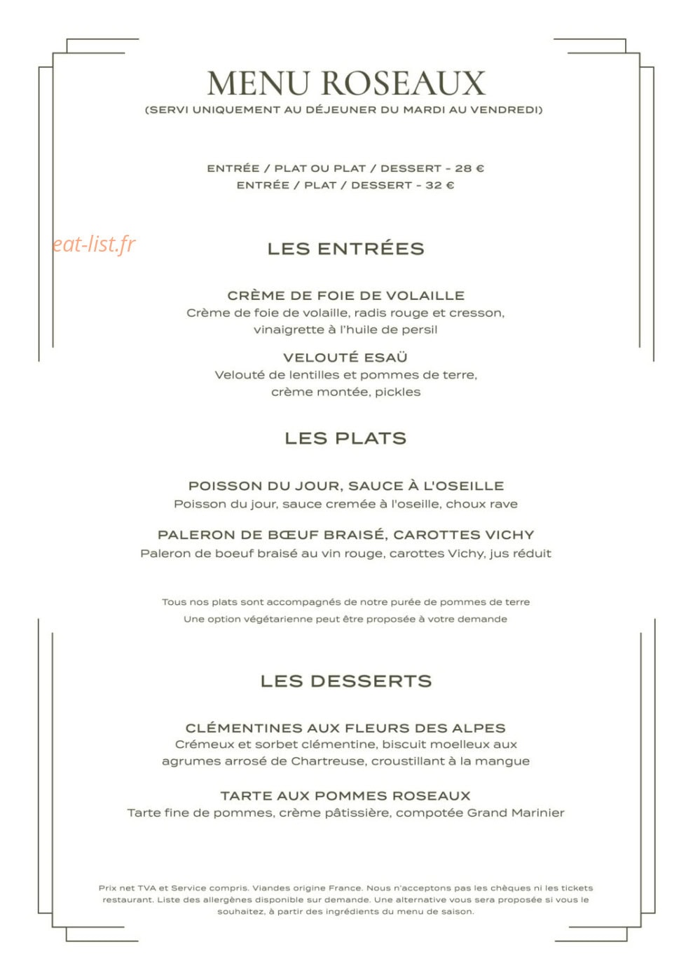 Brasserie Roseaux — carte page 1