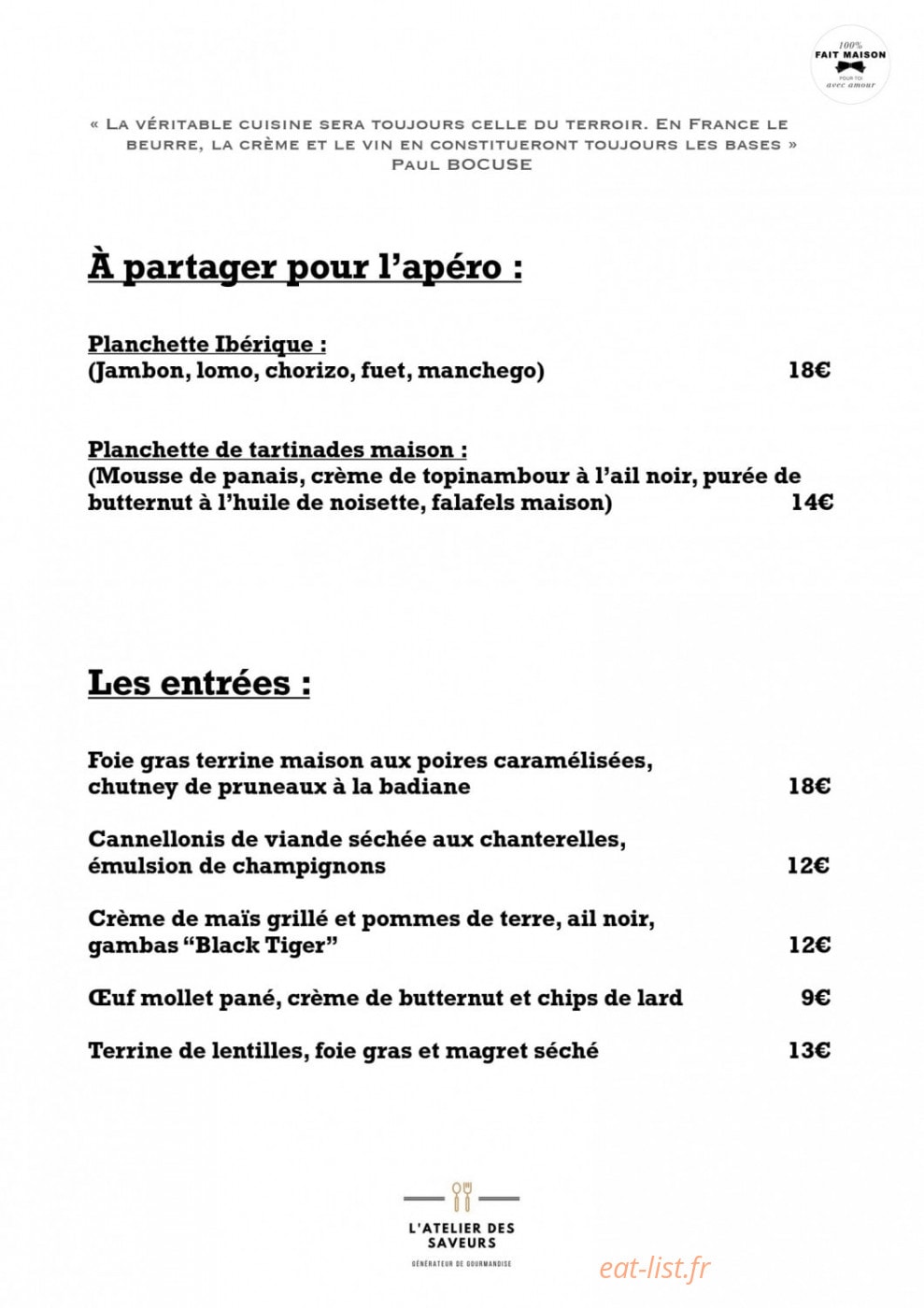 L'atelier des saveurs — carte page 1