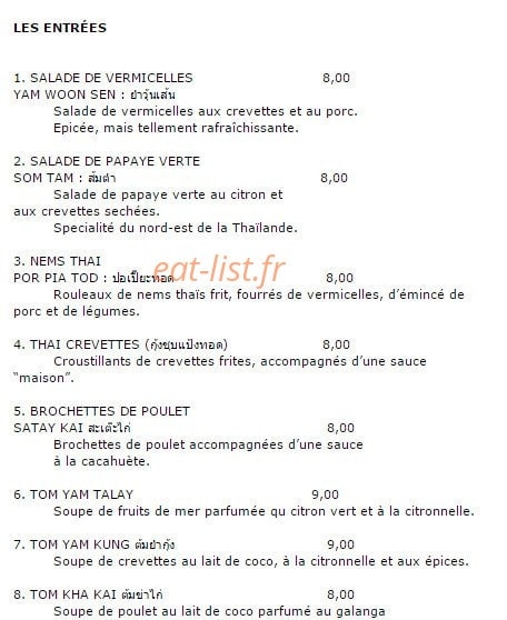 La Maison Thai — carte page 1