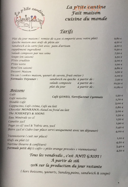 La p'tite cantine — carte page 1