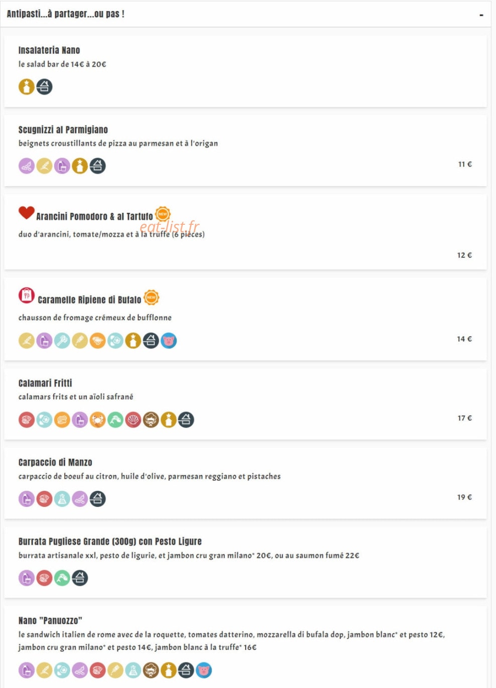 Nano Trattoria — carte page 1