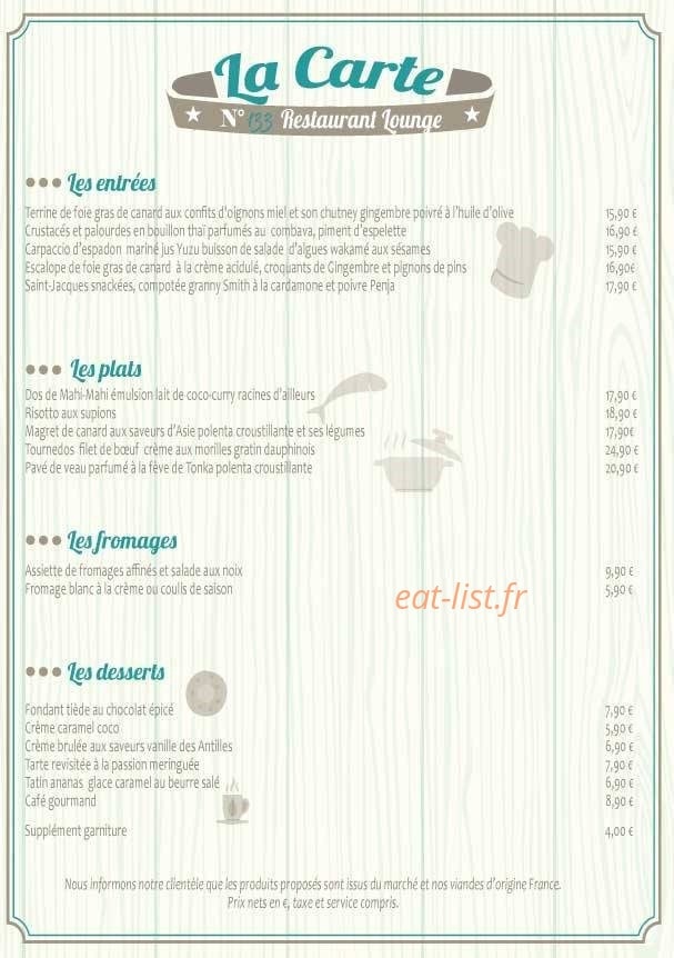 Restaurant Lounge N°133 — carte page 1